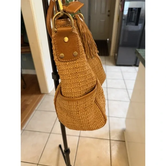 Hobo Tan Shoulder Bag Woven Tassel Gold Hardware Double Handles - Picture 2 of 11